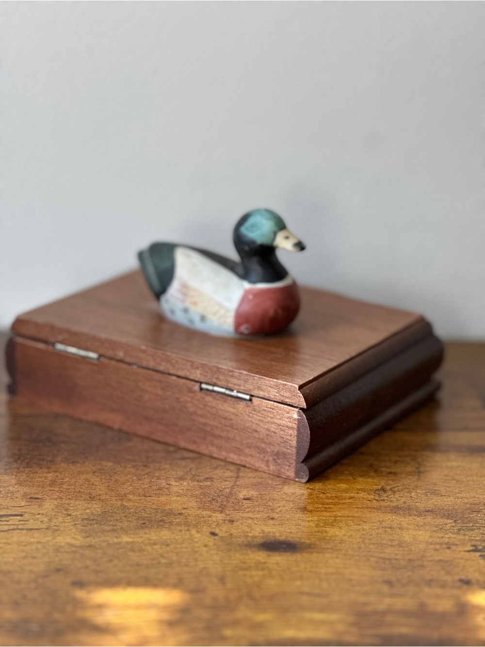 Hand-Painted Wooden Duck Figurine in Green, Black, Red and Cream - Picture 3 of 7